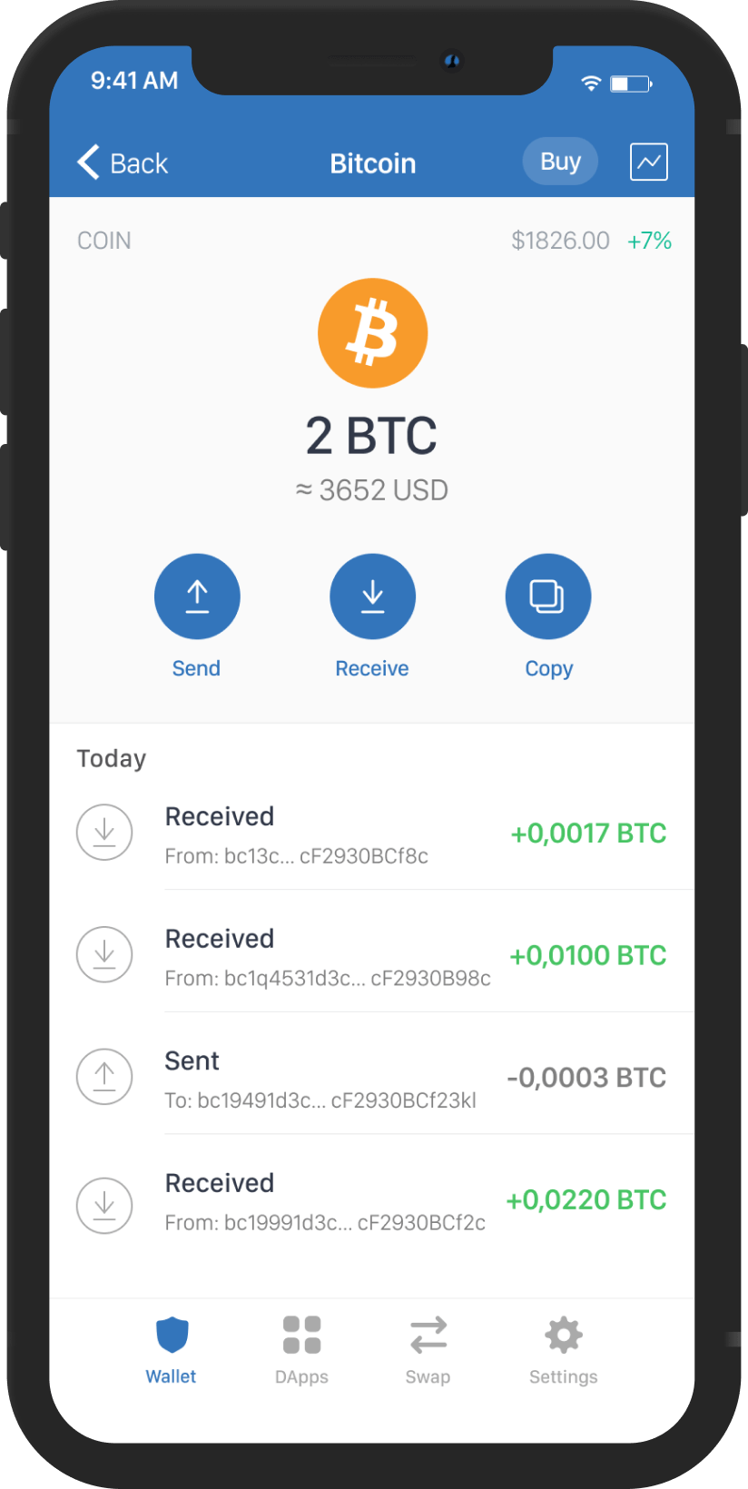 Mobile mockup that shows how to use bitcoin with Trust Wallet